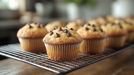 Freshly baked chocolate chip muffins on a cooling rack in a cozy kitchen.