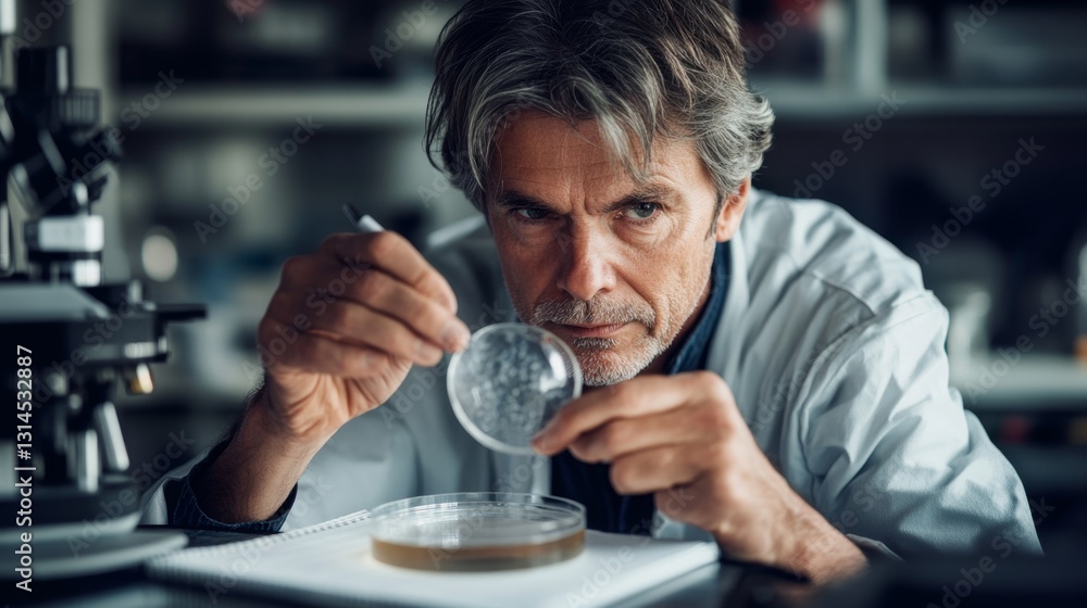 Poster focused scientist examining sample in laboratory setting