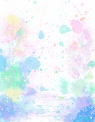 Abstract background resembling a lake reflecting trees and a colorful sky with pastel colored splatters