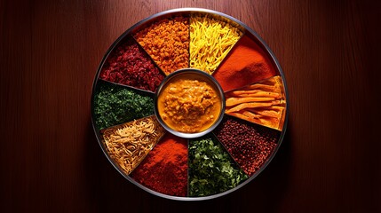 A vibrant array of spices and herbs arranged in a circular tray, showcasing a rich palette of colors and textures.