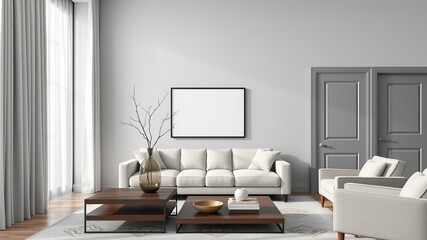 Cozy Living Room Interior Featuring Plush Couch Elegant Coffee Table and Charming Picture Frame Decor