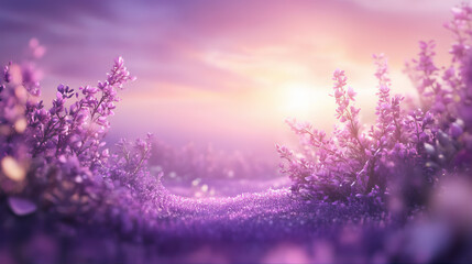 Obraz premium Beautiful sunlit bokeh, blur purple field of lavender flower background. Violet lavender field in spring, garden, field. Lavender field at sunset