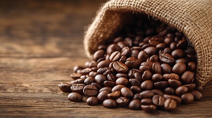 Aromatic coffee beans freshly spilled from burlap sack onto classic wooden background