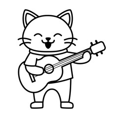 simple line art cat Singing and playing guitar animal coloring book illustration