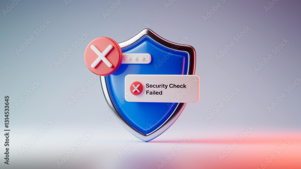 Aufkleber blue shield icon with red cross, indicating failed security check. represents online security breach