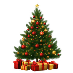 Decorated Christmas Tree with Presents and Golden Star Ornament