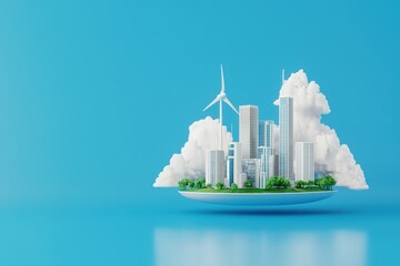 Fototapeta premium Conceptual Floating City Powered by Renewable Energy with Wind Turbines and Green Landscape