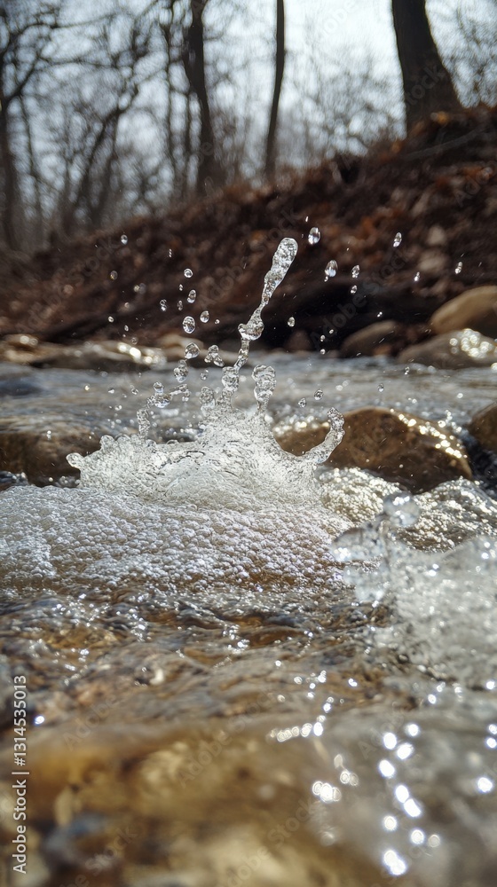 Poster sparkling water cascade in a forest stream capturing the essence of nature's refreshment and vitalit