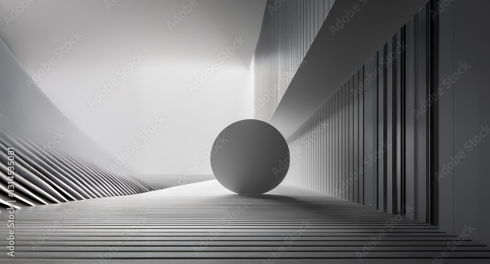 Aufkleber sphere rests in a white architectural space. minimalist design with geometric lines and shadows crea