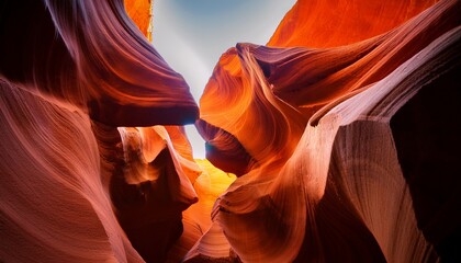 The inside view of the lower antelope slot canyon; beautiful slot canyon with sandstone walls created by wind and water flowing thru the canyon; colorful and curvy rock formation in the red sandstone
