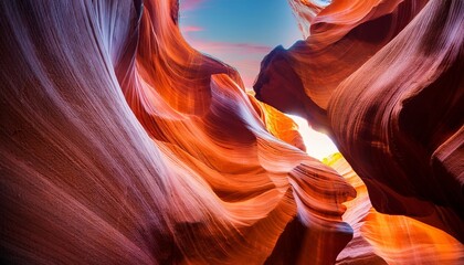 Obraz premium The inside view of the lower antelope slot canyon; beautiful slot canyon with sandstone walls created by wind and water flowing thru the canyon; colorful and curvy rock formation in the red sandstone