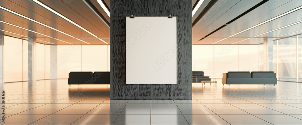 Poster blank poster mockup in modern lobby setting with sofas and large windows, showcasing a clean and min