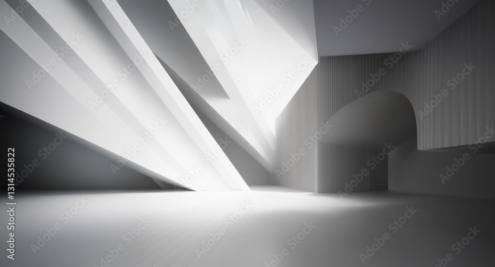 Leinwandbilder Abstract interior featuring striking light and shadow interplay. Geometric shapes create a modern, minimalist space. Light streams through openings, highlighting architectural forms.