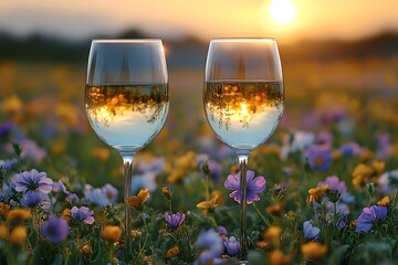 Romantic Sunset Picnic with Wine Glasses in a Wildflower Field