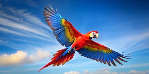 Fototapeta premium A Vivid Scarlet Macaw in Majestic Flight Soaring Through a Bright Azure Sky, Wings Spread Wide, Displaying a Kaleidoscope of Colors