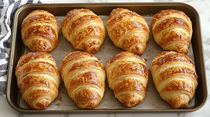 Freshly baked golden croissants arranged beautifully on a baking tray.