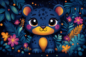Cute digital illustration of a chibi-style black panther cub with big sparkling eyes, surrounded by colorful tropical flowers and lush jungle foliage. A vibrant and whimsical wildlife scene