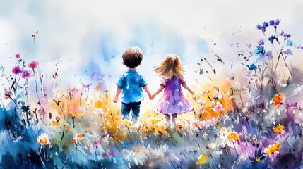 A boy and a girl in wild flower field in Spring.