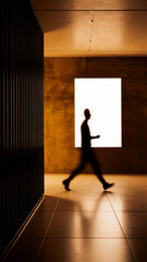 Silhouette of person walking past bright rectangular panel in dimly lit corridor with dark slatted wall, showcasing movement and modern architecture, ideal for business or lifestyle concepts