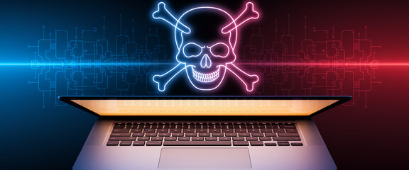 Laptop screen displays a neon skull and crossbones symbol over a circuit board background, representing cyber security threat or digital piracy
