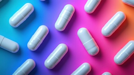 White capsules scattered on vibrant gradient background
