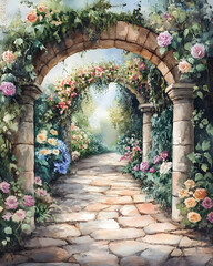 Fototapeta premium Entrance to old castle through stone archway in garden pathway