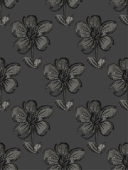 墨で描いたチャコールグレーの背景に毛筆で描いたお花の絵、墨絵のお花のリピートパターン、墨で描いたお花の絵のシームレスパターン