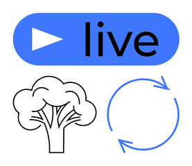 Blue play button with live text, outline of a tree, circular arrows for sustainability. Ideal for eco-awareness, nature, environmentalism, renewable energy, sustainability, streaming connection