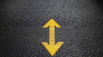 Yellow double arrow on textured asphalt road surface, indicating two way traffic