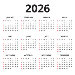 One sheet 2026 english language calendar isolated on a white background