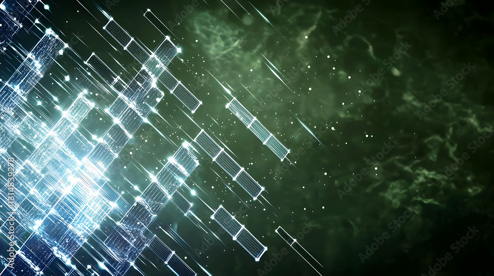 Poster abstract green and blue light trails on a textured background with digital graphic design elements