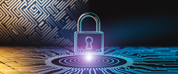 Glowing padlock icon on circuit board background, symbolizing digital security, data protection, and online privacy