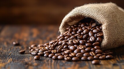 Spilled coffee beans on rich wooden background with burlap sack adding rustic touch