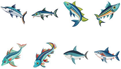 A collection of dynamic fish and shark vector illustrations, showcasing diverse shapes and fin styles.