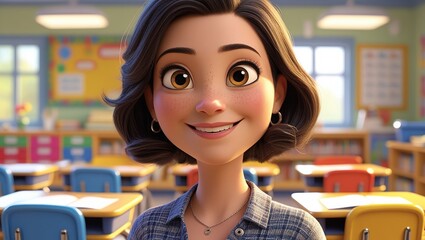 3D Animated Caring and Dedicated Teacher in a Classroom with Bright Atmosphere