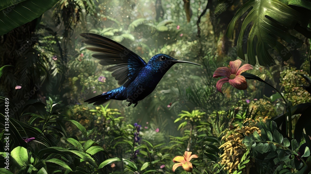 Poster vibrant hummingbird hovering in lush jungle environment