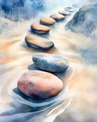 Zen stones balanced on a peaceful beach with water and sky background