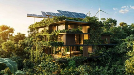 Ecological house with solar panels surrounded by vegetation