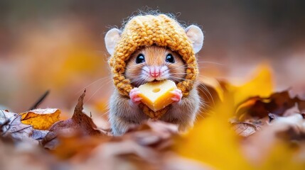Obraz premium Adorable Hamster in Knit Hat Holding Cheese on Autumn Leaves