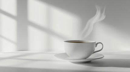 Fototapeta premium A steaming cup of black tea in a white ceramic cup with a saucer on a clean white background