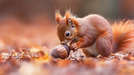 Obraz premium Squirrel Holding Acorn Surrounded by Autumn Leaves in Forest
