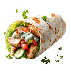 A Fresh Chicken Gyro Wrap with Tzatziki Sauce and Cucumber Isolated on Transparent Background