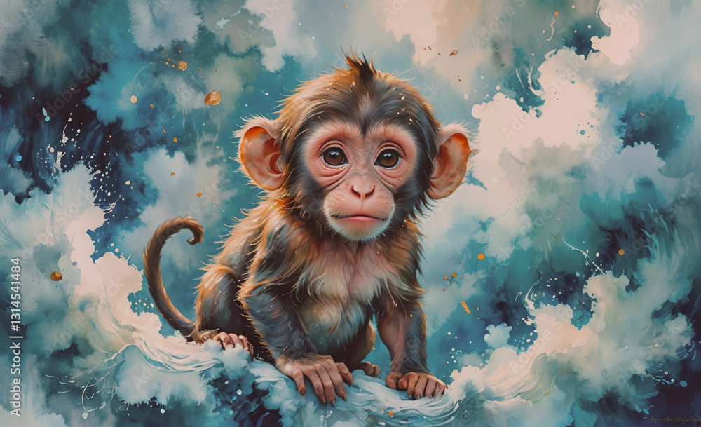 Poster Baby monkey is sitting on a cloud of white paint. The monkey is looking at the camera with a curious expression. The painting has a whimsical and playful mood, as if the monkey is having fun with the