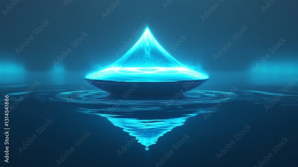 Poster illuminated floating object in misty water ethereal setting digital artwork surreal environment aest