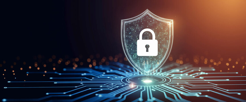 Digital shield with padlock icon, glowing on a circuit board background, symbolizing online security and data protection, ideal for tech or cybersecurity concepts