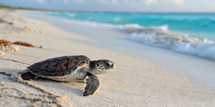 Baby sea turtle crawling on sandy beach near ocean waves - Powered by Adobe