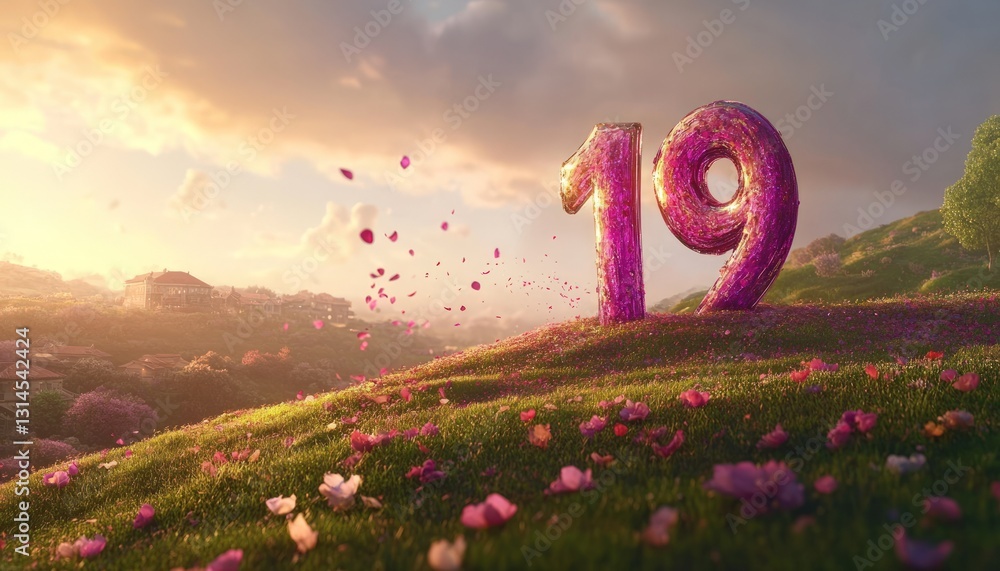 Aufkleber animated pixelated number stands on a flower-filled meadow under a sunset sky. petals float creating