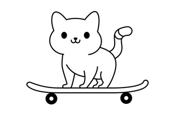 simple line art cat skateboarding animal coloring book illustration