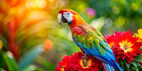 Vibrant Macaw Perched Amidst a Burst of Colorful Blossoms in a Lush, Tropical Garden Setting