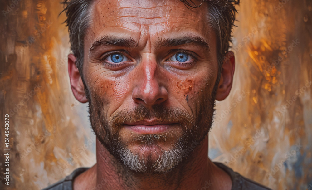 Poster Man with a beard and blue eyes is staring at the camera. He has a scruffy appearance and he is in a bad mood